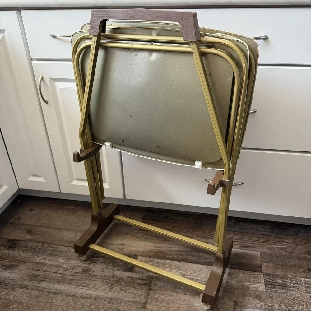 Mcm Metal Floral Tv Tray Set Of 4 With Rolling Cart Stand Cottagecore Garden VTG